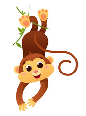Cheerful monkey on a liana on a white background.Vector illustration.