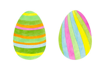 Cute watercolor bright multicolor striped Easter eggs. Hand painted illustration of spring clipart isolated on white. Artistic hand drawn holiday design elements for happy Easter cards decoration