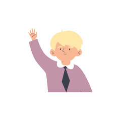 Child waving hand half-length portrait, flat vector illustration isolated.