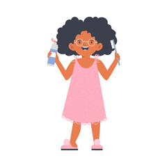 Girl maintains hygiene and takes care of teeth flat vector illustration isolated.