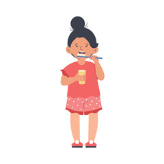 Child brushing teeth as daily kids routine, flat vector illustration isolated.
