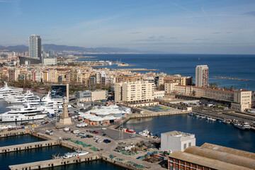 Fototapeta premium Splendid view to Barcelona city from the top of a tower, beautiful landscape panorama from the cable car lift