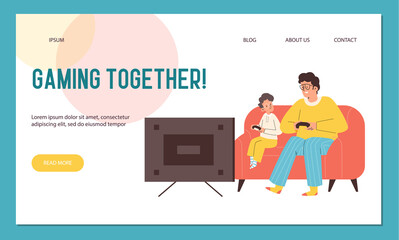 Father playing video games together with son, landing page template - flat vector illustration.