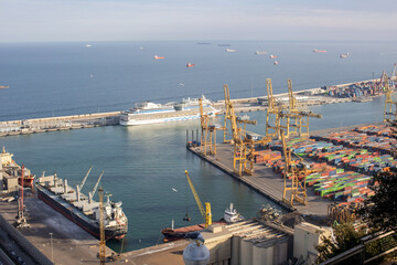 Port in Barcelona with lots of colorful containers, docks in Barcelona, Spain from the top of the mountain Montujic