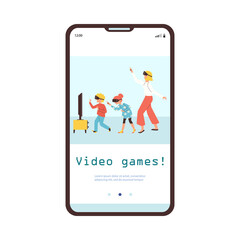 Mother plays video games with kids, onboarding screen template flat vector illustration.