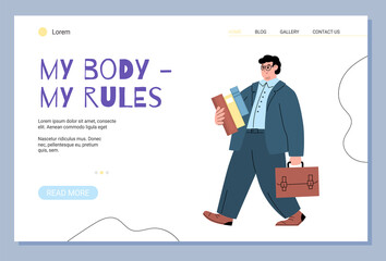 My body my rules website layout with plump man flat vector illustration.