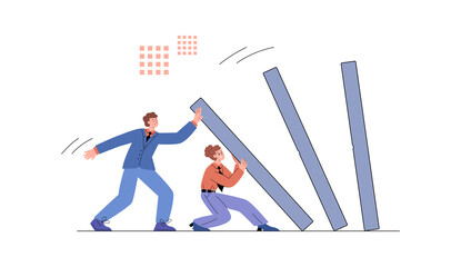 Business people holding falling dominoes, flat vector illustration isolated.