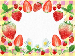 Watercolor painting of fresh strawberries and berries with cute check pattern’s frame