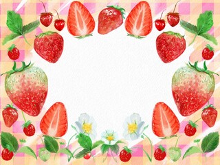 Watercolor painting of fresh strawberries and berries with cute check pattern’s frame