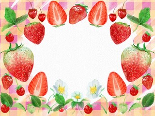 Watercolor painting of fresh strawberries and berries with cute check pattern’s frame