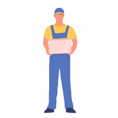 Courier with a box. Courier character. Parcel delivery. Delivery of products. Vector cartoon person illustration on white background.