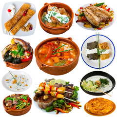 Set of national Bulgarian dishes with vegetables, meat and cheese
