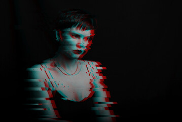 dark portrait of a sexy girl on a dark background close-up. noise is superimposed on the photo. Black and white with glitch effect - obrazy, fototapety, plakaty
