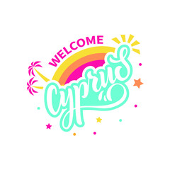 Welcome Cyprus handwritten text. Hand lettering typography isolated on white background. Funny drawing greeting phrase. Vector colorful illustration for banner, card, invitation, logo, t-shirt, print