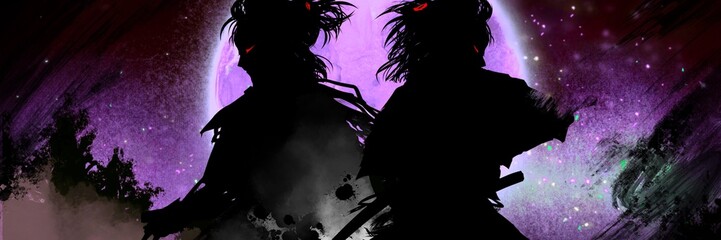 敵軍と戦い殺気走る戦国時代の若侍たちの筆跡残るシルエットイラストと紫色の満月背景