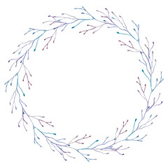 Wreath of thin wavy branches of blue and purple. The frame is painted in watercolor, isolated on a white background.