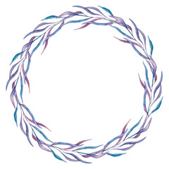 A wreath made of a creeper with long, thin leaves in blue and purple. The frame is hand-drawn in watercolor, isolated on a white background.