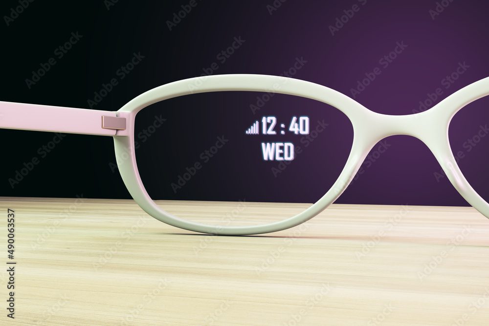 Poster close up of augmented reality glasses on wooden desk and purple backdrop. technology and future conc