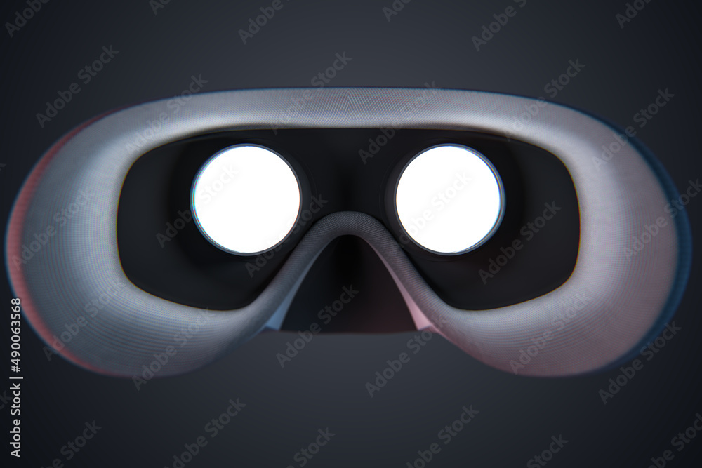 Poster Close up of rear inside view abstract VR glasses on blurry gray background. White mock up place. Device and augmented reality concept. 3D Rendering.