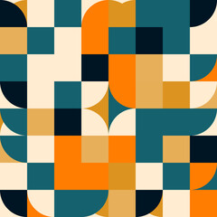 Mid-century geometric abstract vector seamless pattern with simple shapes and retro color palette. Simple composition for web design, branding, invitations, posters, textile and wallpaper.