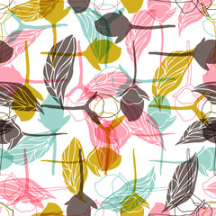 Vector floral seamless pattern with rosebuds and leaves. Stylized hand drawn flowers and leaves in pastel colors on white background.