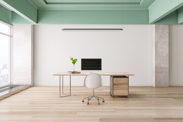 Fototapeta na wymiar Clean concrete office interior with wooden flooring, panoramic city view, desktop with computer and daylight. 3D Rendering.