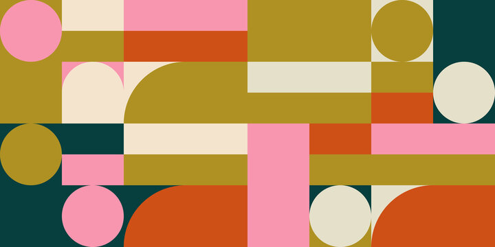 Modern vector abstract  geometric background with circles, rectangles and squares  in retro scandinavian style. Pastel colored simple shapes graphic pattern. Abstract mosaic artwork.