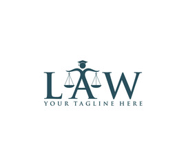 Law text or wordmark logo with scale icon and judge on white background, Vector illustration.