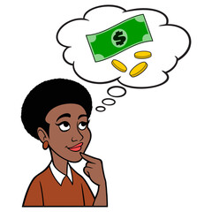 Black Woman thinking about Money - A cartoon illustration of a Black Woman thinking about saving Money.