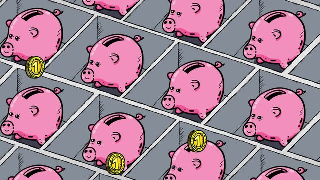 Piggybank cartoon cubicles farm. Falling coins loop. Good as metaphor of saving money or bank.