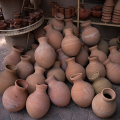 Fototapeta na wymiar Pieces made of pottery in Nizwa market in oman