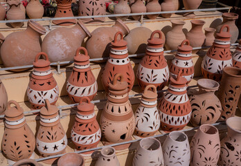 Fototapeta na wymiar Pieces made of pottery in Nizwa market in oman