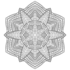 Round tile style boho, zentangle, doodle. Black pattern on white background. Floral pattern. Arabic style. Abstract icon snowflake. Geometric art poster, wallpaper, frame. Minimal, retro style.