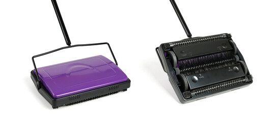 Sweeper mechanical brushes for harvesting animal wool and garbage with floor and carpet, isolated on white background