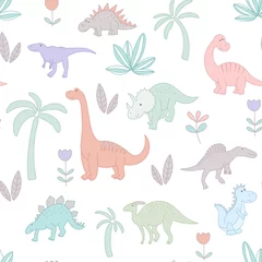  Dinosaurs seamless baby pattern. Background dino and tropical plants. Template with animal characters for fabric, paper and baby products design vector illustration © Татьяна Клименкова