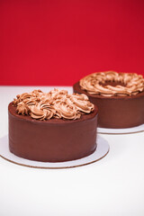 Homemade chocolate cake topped with whipped ganache