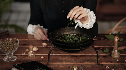 the witch cooks an elixir with herbs in a cauldron