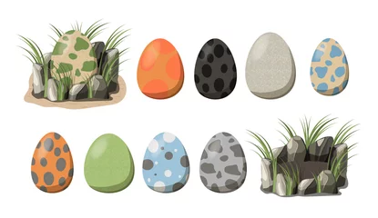 Fotobehang Collection Dinosaur eggs in cartoon style. Set constructor Nest of dinosaurs with eggs and grass. Easy to assemble your own. © Galina