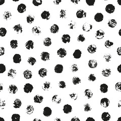Vector Polka Dots Seamless Pattern. Grunge Paint Circle Shapes Textures Abstract Background. Black Round spots with rough edges. Stamp Ink blots. Hand painted stains.