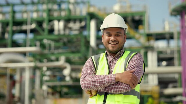 Asian engineer man with white safety helmet standing front of oil refinery. Industry zone gas petrochemical. Factory oil storage tank and pipeline. Workers work in the refinery construction building.