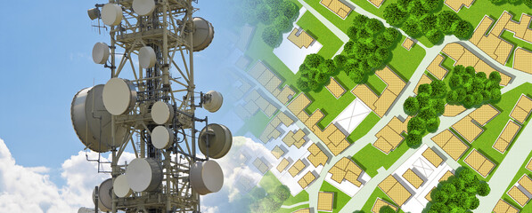 Alert and risk about radio emissions near residential areas - concept with base radio station for...