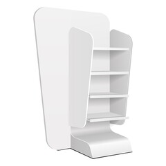 Cardboard Retail Shelves Floor Display Rack For Supermarket Blank Empty. Mock Up. 3D On White Background Isolated. Ready For Your Design. Product Advertising. Vector EPS10 - 490070535