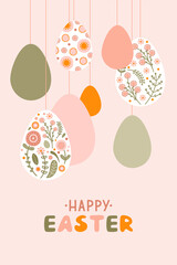 Postcard template with a silhouette of Easter eggs and flowers in flat style. Illustration spring eggs in pastel colors and space for your text. Vector - 490070727
