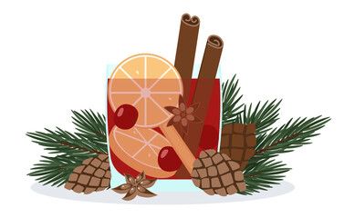 Mulled wine on the background of coniferous tree branches and cones.