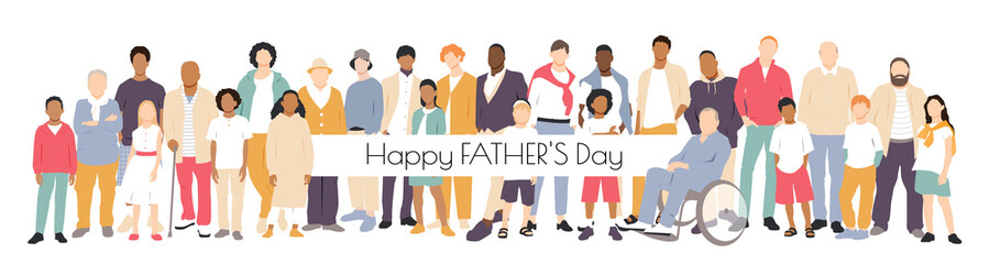 Happy Father's Day card. Multicultural group of fathers with kids. Flat vector illustration.