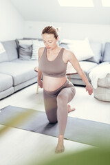 Obraz premium Young beautiful pregnant woman training pilates at home in her living room. Healthy lifestyle and active pregnancy and motherhood concept.