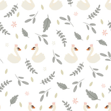 Modern, dainty watercolor swan vector illustration pattern of swans and greenery.  For use in fabric, wallpaper, linen, stationery, fashion 