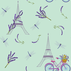 Seamless vector illustration with lavender, bike, eiffel tower and dragonflies.