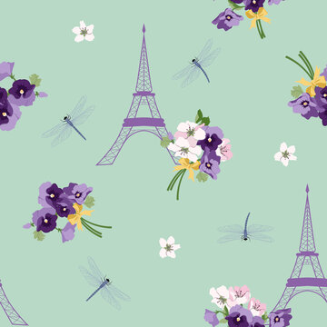 Seamless vector illustration with pansies,cherry flowers, eiffel tower and dragonflies.