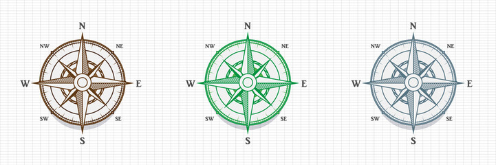 Detailed navigation compass vector design template. North, South, East and West pointer direction.
